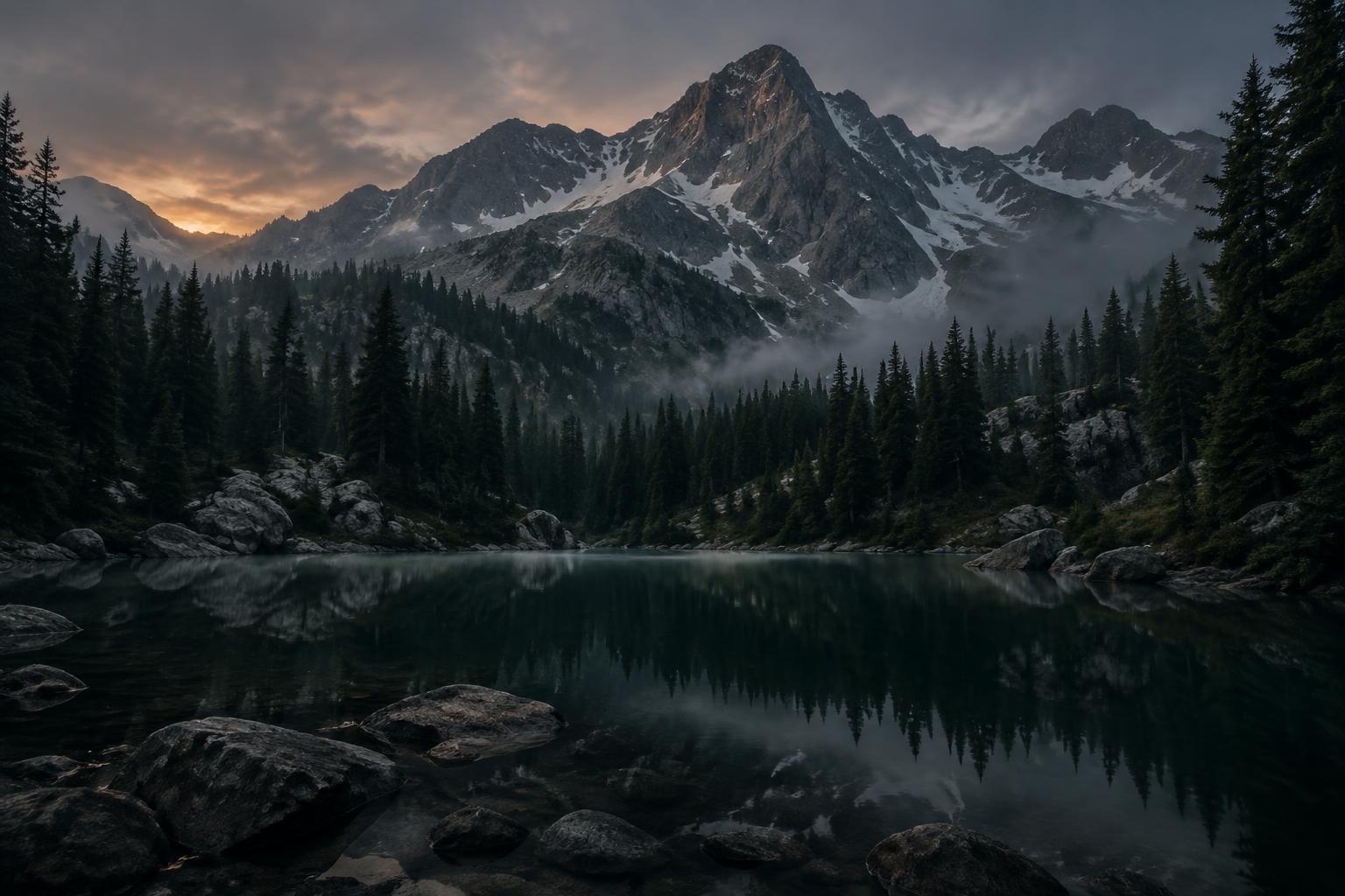 Colorado fourteener at dawn above an alpine lake